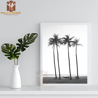 Palms Trees On Beach B&W High Quality Glass Frame Wall Décor
