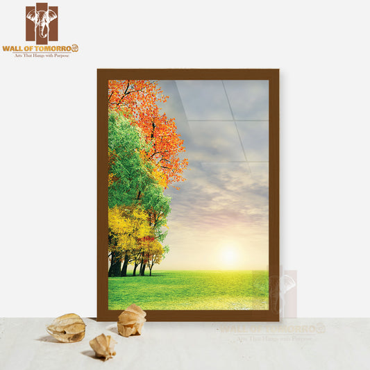 Field with Trees and The Sun in The Background High Quality Glass Frame Wall Décor