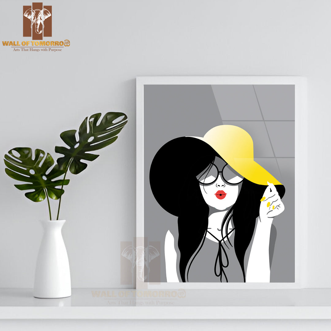 Woman Wearing a Yellow Hat and Glasses High Quality Glass Frame Wall Décors in Sri Lanka