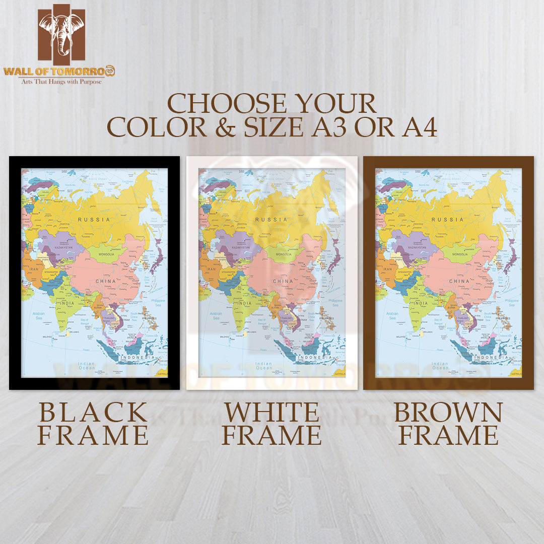 Asia Highly Detailed Map Educational High Quality Glass Frame Wall Décor