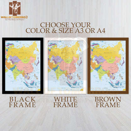 Asia Highly Detailed Map Educational High Quality Glass Frame Wall Décor