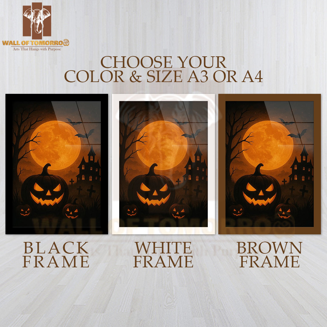 Haunted House, Full Moon, Pumpkin High Quality Glass Frame Wall Décor