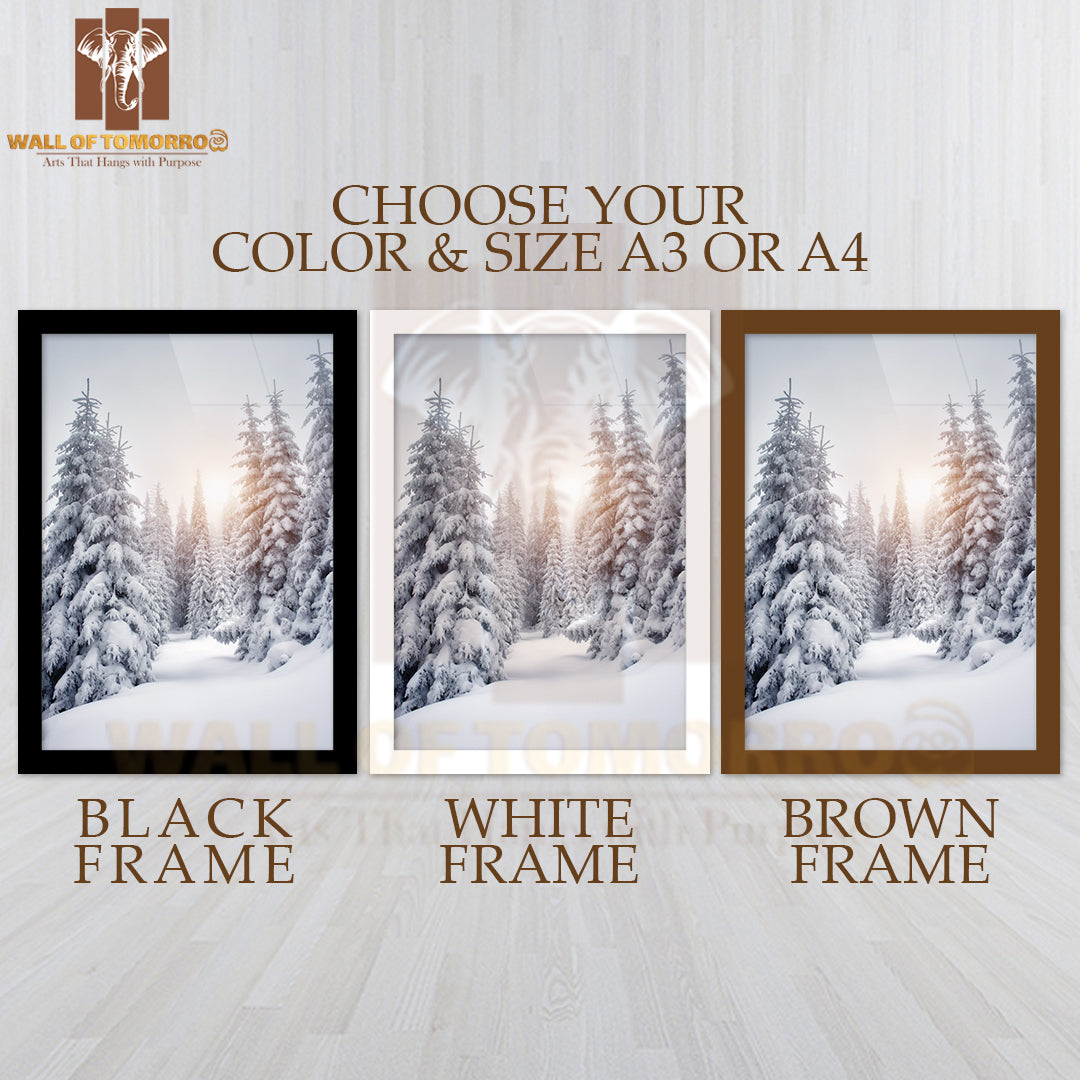 Snow Covered Pine Trees Sunset High Quality Glass Frame Wall Décor