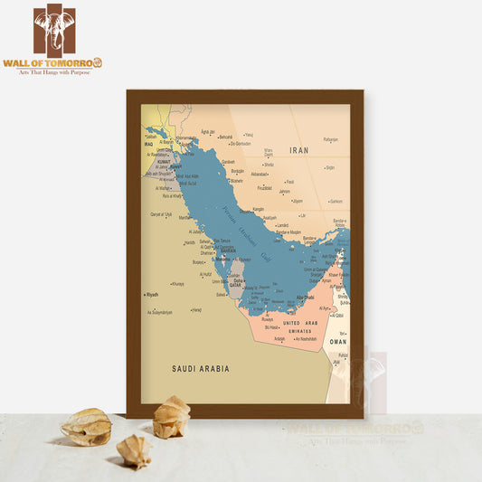 Persian Gulf Map Educational High Quality Glass Frame Wall Décor