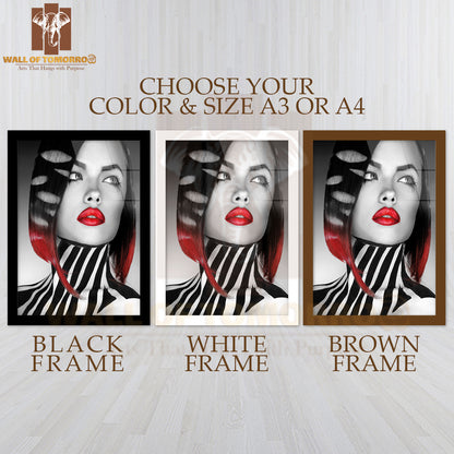 Black And White Photo of Fashion Model with Stripes On Body and Hair High Quality Glass Frame Wall Décor