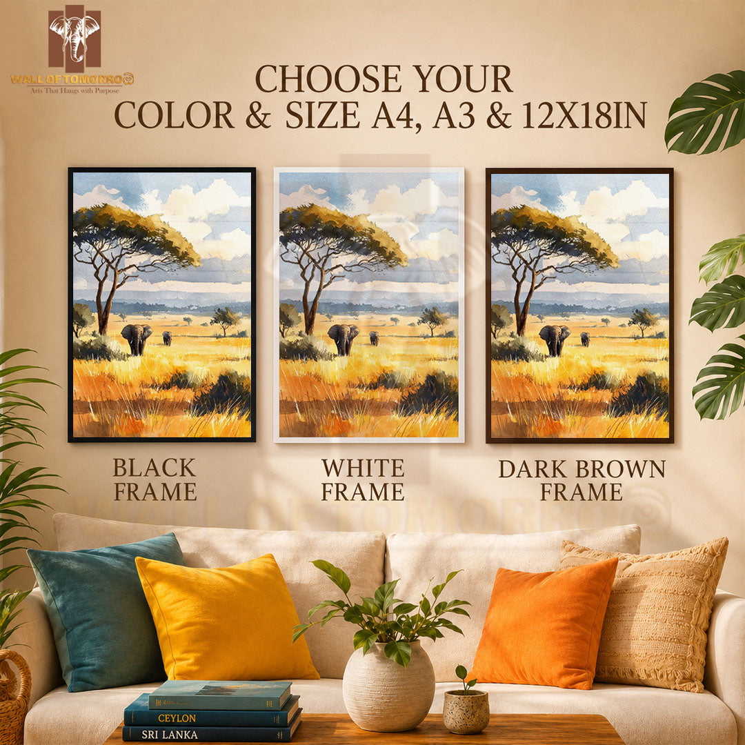 Watercolor Savanna Landscape with Two Elephants Animals High Quality Glass Frame Wall Décor in Sri Lanka