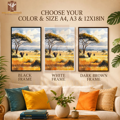 Watercolor Savanna Landscape with Two Elephants Animals High Quality Glass Frame Wall Décor in Sri Lanka