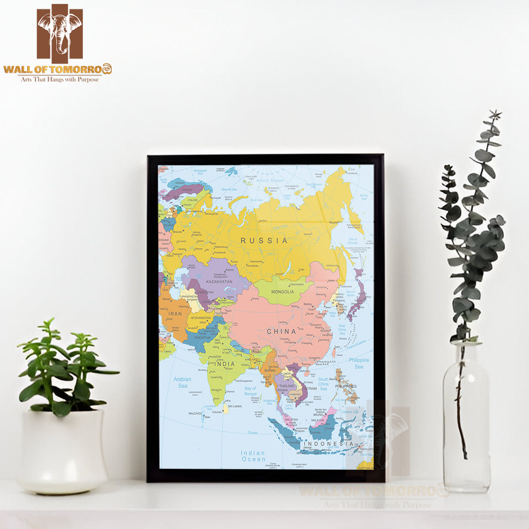 Asia Highly Detailed Map Educational High Quality Glass Frame Wall Décor