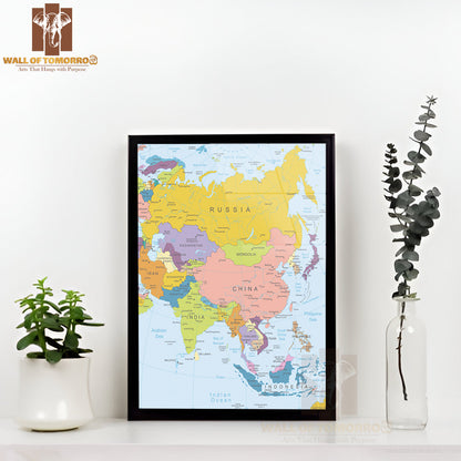 Asia Highly Detailed Map Educational High Quality Glass Frame Wall Décor