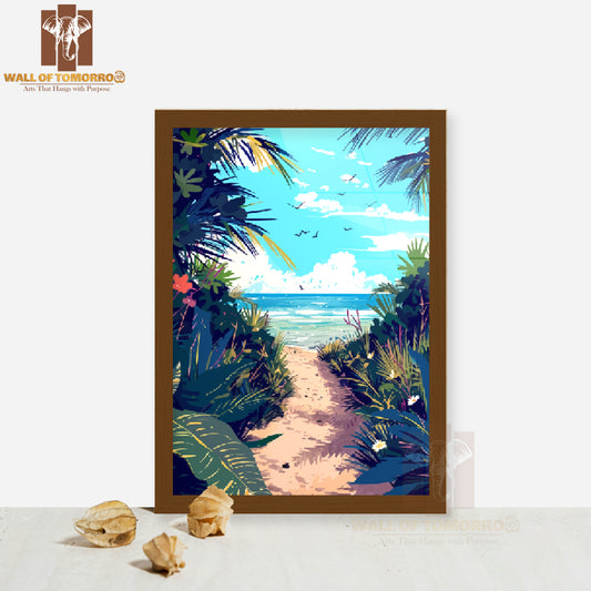 Pathway Leads to The Beach Through the Jungle High Quality Glass Frame Wall Décor