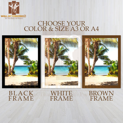 Beach With Palm Trees & A Blue Ocean High Quality Glass Frame Wall Décor