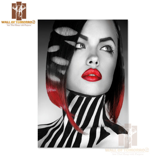 Black And White Photo of Fashion Model with Stripes On Body and Hair High Quality Unframed Poster Print & Waterproof Poster Print Wall Décor