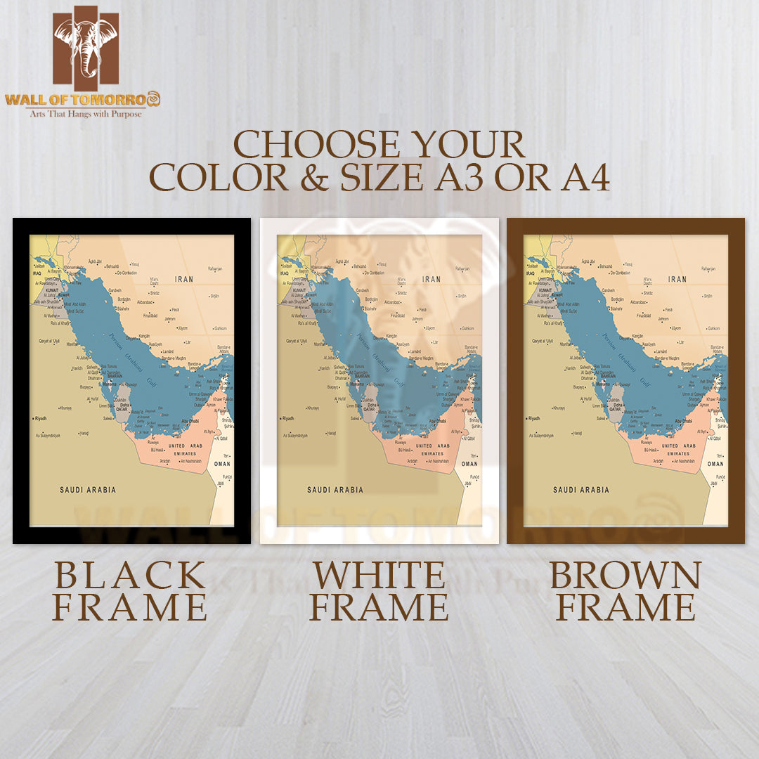 Persian Gulf Map Educational High Quality Glass Frame Wall Décor