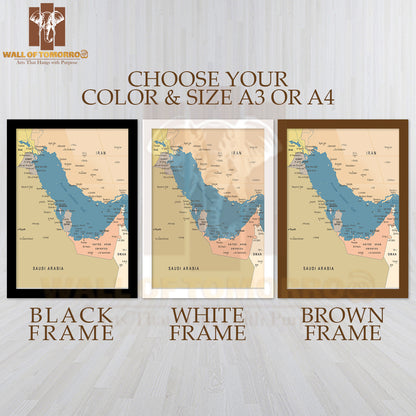 Persian Gulf Map Educational High Quality Glass Frame Wall Décor