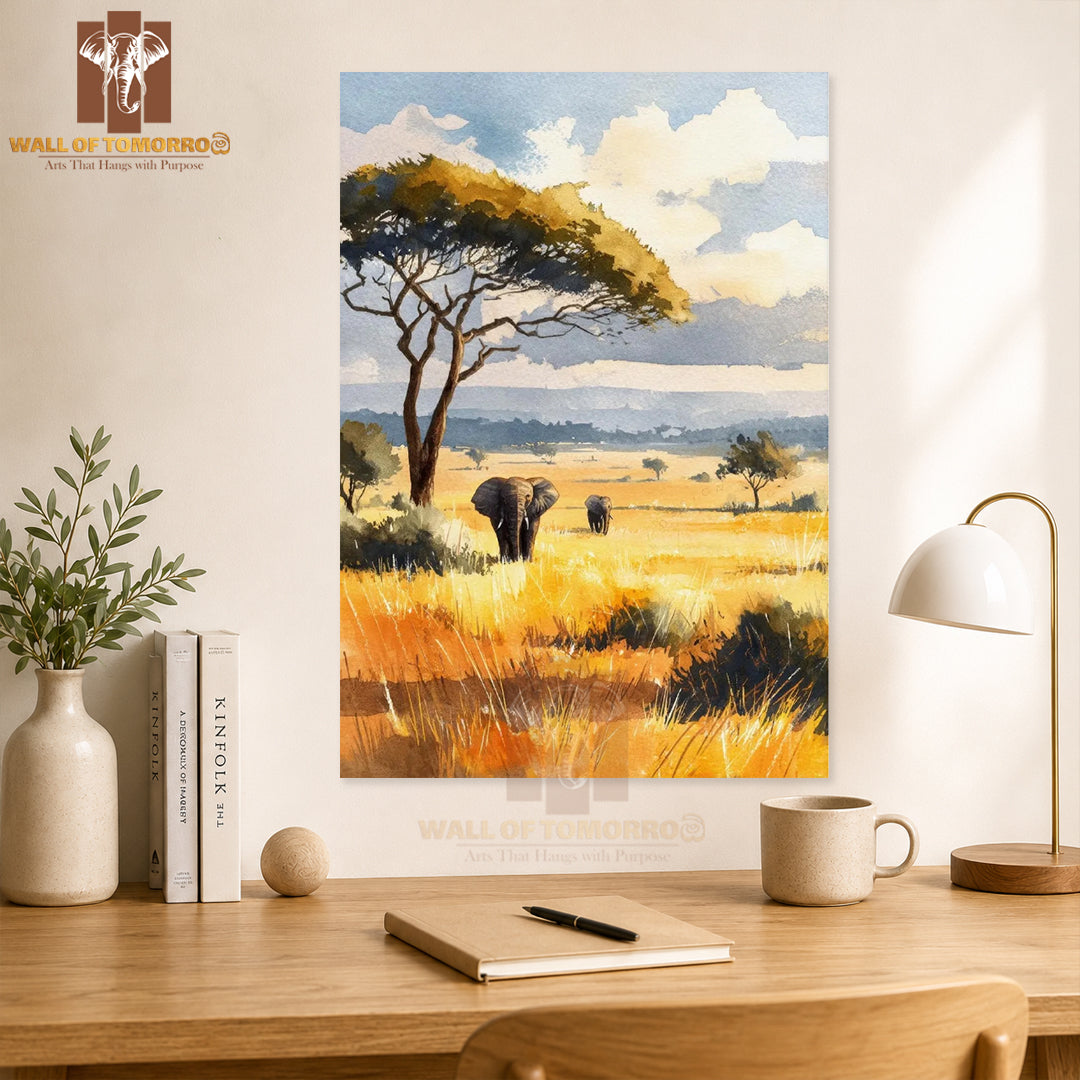 Watercolor Savanna Landscape with Two Elephants Animals High Quality Unframed Poster Print & Laminated Poster Print Wall Décor in Sri Lanka