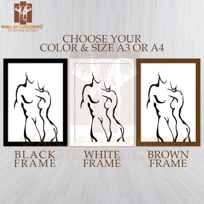 Abstract Sketch Couple in Love, Woman and Man Body High Quality Glass Frame Wall Décor