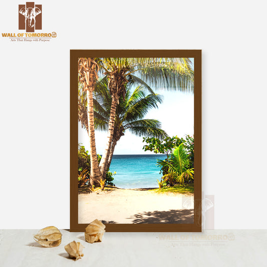 Beach With Palm Trees & A Blue Ocean High Quality Glass Frame Wall Décor