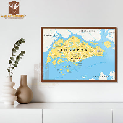 Singapore Island Political Map with Capital Singapore Educational High Quality Glass Frame Wall Décor
