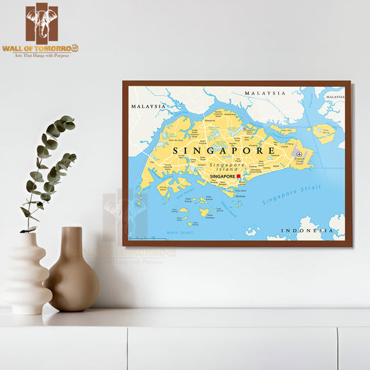 Singapore Island Political Map with Capital Singapore Educational High Quality Glass Frame Wall Décor