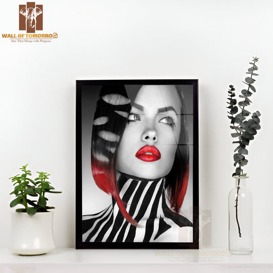 Black And White Photo of Fashion Model with Stripes On Body and Hair High Quality Glass Frame Wall Décor
