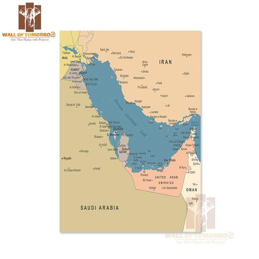 Persian Gulf Map Educational High Quality Unframed Poster Print & Waterproof Poster Print Wall Décor