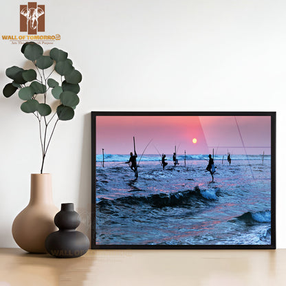 Silhouettes Of the Traditional Stilt Fishermen at Sunset Near Galle in Sri Lanka High Quality Unframed Poster Print & Waterproof Poster Print Wall Décor