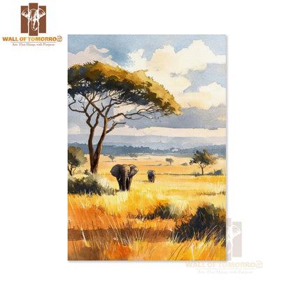 Watercolor Savanna Landscape with Two Elephants Animals High Quality Unframed Poster Print & Laminated Poster Print Wall Décor in Sri Lanka