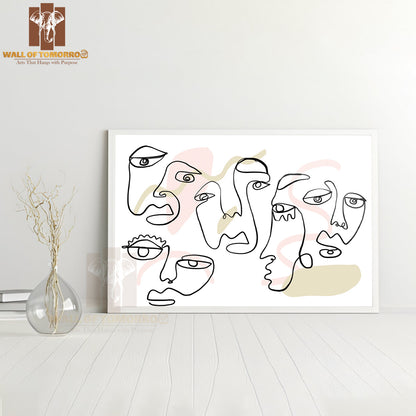 A Line Drawing of a Group of People High Quality Glass Frame Wall Décor