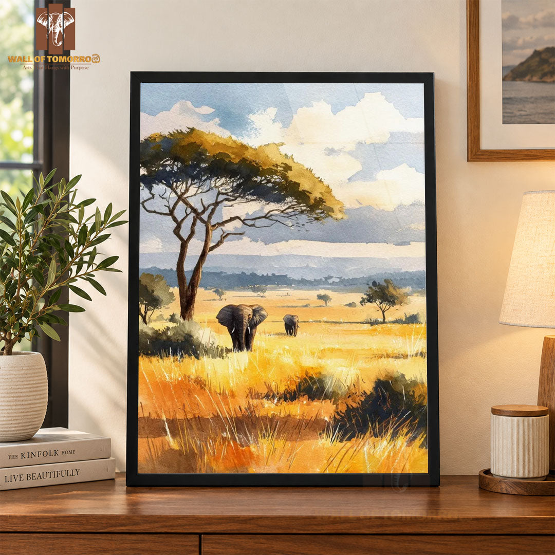 Watercolor Savanna Landscape with Two Elephants Animals High Quality Glass Frame Wall Décor in Sri Lanka