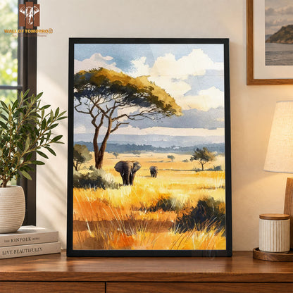 Watercolor Savanna Landscape with Two Elephants Animals High Quality Glass Frame Wall Décor in Sri Lanka