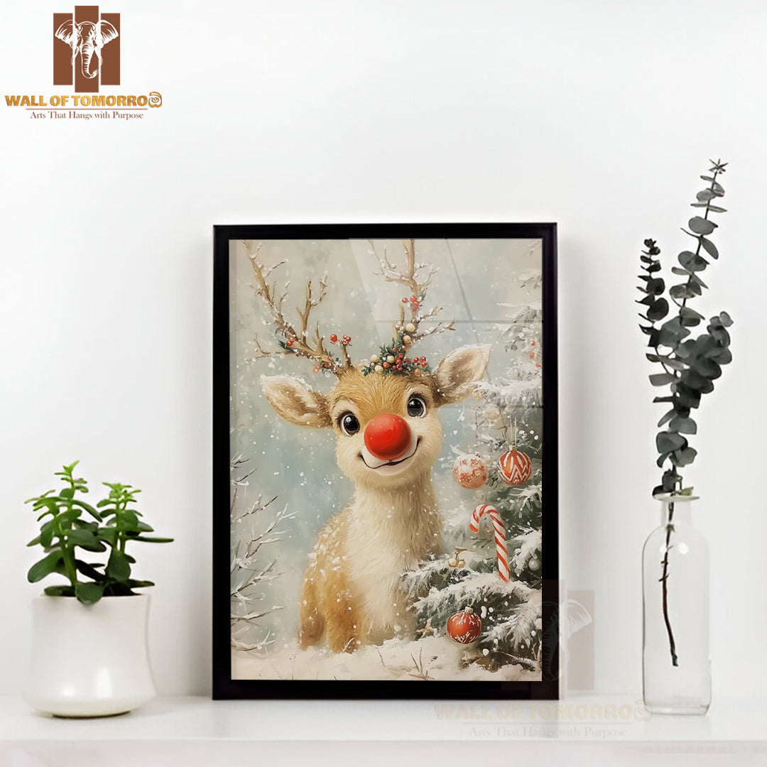 Rudolf Reindeer Oil Painting High Quality Glass Frame Wall Décor
