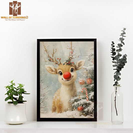 Rudolf Reindeer Oil Painting High Quality Glass Frame Wall Décor