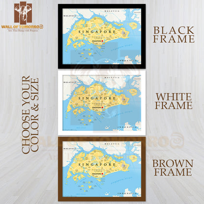 Singapore Island Political Map with Capital Singapore Educational High Quality Glass Frame Wall Décor