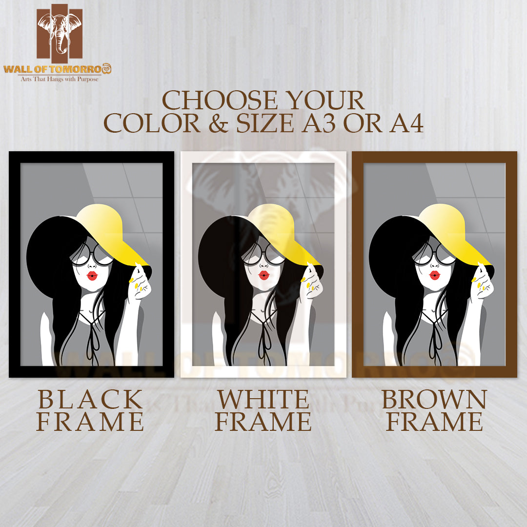 Woman Wearing a Yellow Hat and Glasses High Quality Glass Frame Wall Décors in Sri Lanka