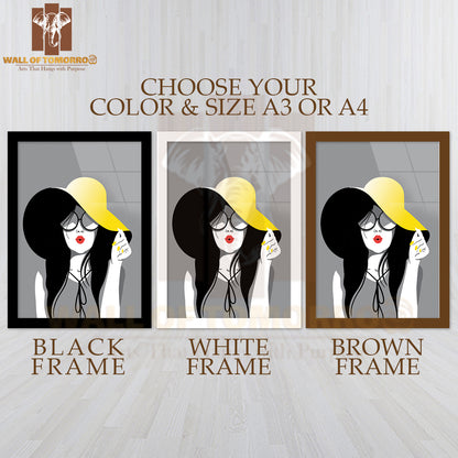 Woman Wearing a Yellow Hat and Glasses High Quality Glass Frame Wall Décors in Sri Lanka