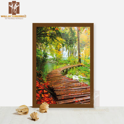 Rainy Day and Wooden Tourist Path in Plitvice Lakes High Quality Glass Frame Wall Décor