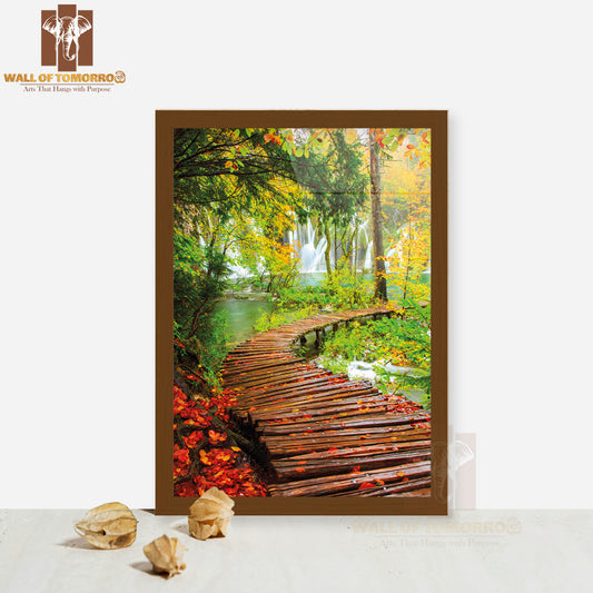 Rainy Day and Wooden Tourist Path in Plitvice Lakes High Quality Glass Frame Wall Décor