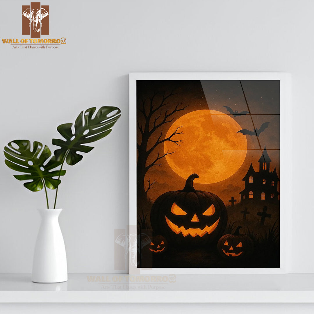 Haunted House, Full Moon, Pumpkin High Quality Glass Frame Wall Décor