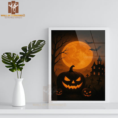 Haunted House, Full Moon, Pumpkin High Quality Glass Frame Wall Décor