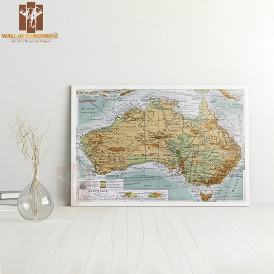 Vintage Australia Physical Map 1894 Educational High Quality Glass Frame Wall Décor