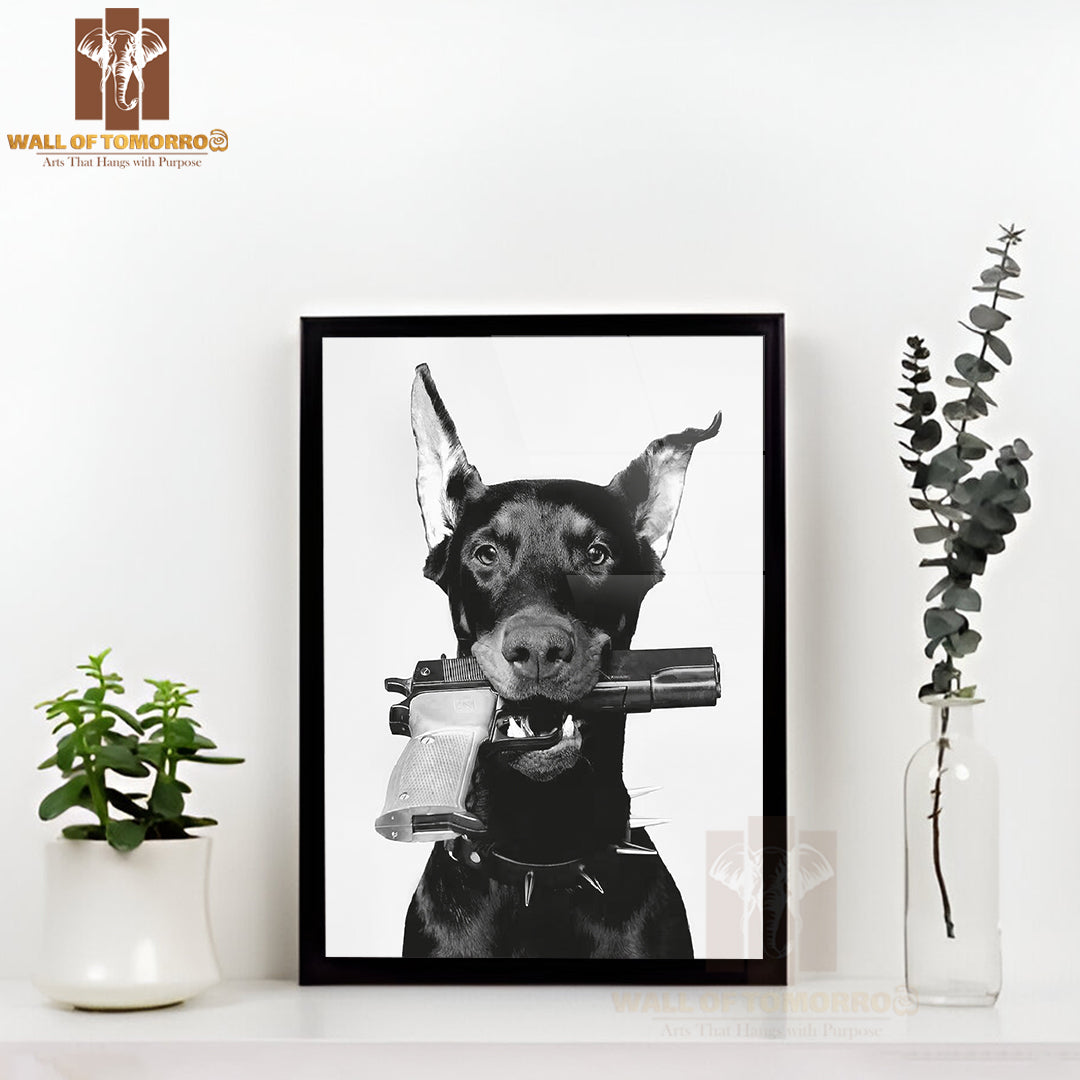 Loaded Doberman Dog High Quality Glass Frame Wall Décor