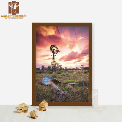 Outback Sunset with Windmill High Quality Glass Frame Wall Décor