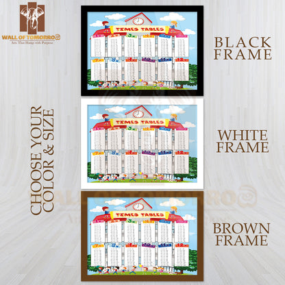 Times Tables Chart with Kids at School Educational High Quality Glass Frame Wall Décor