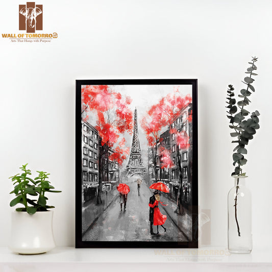 Couple Under an Umbrella on Street Red Eiffel Tower High Quality Glass Frame Wall Décor