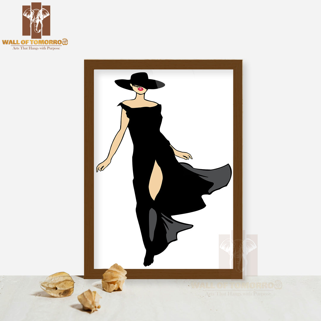 Trendy Woman in Black Dress High Quality Glass Frame Wall Décor