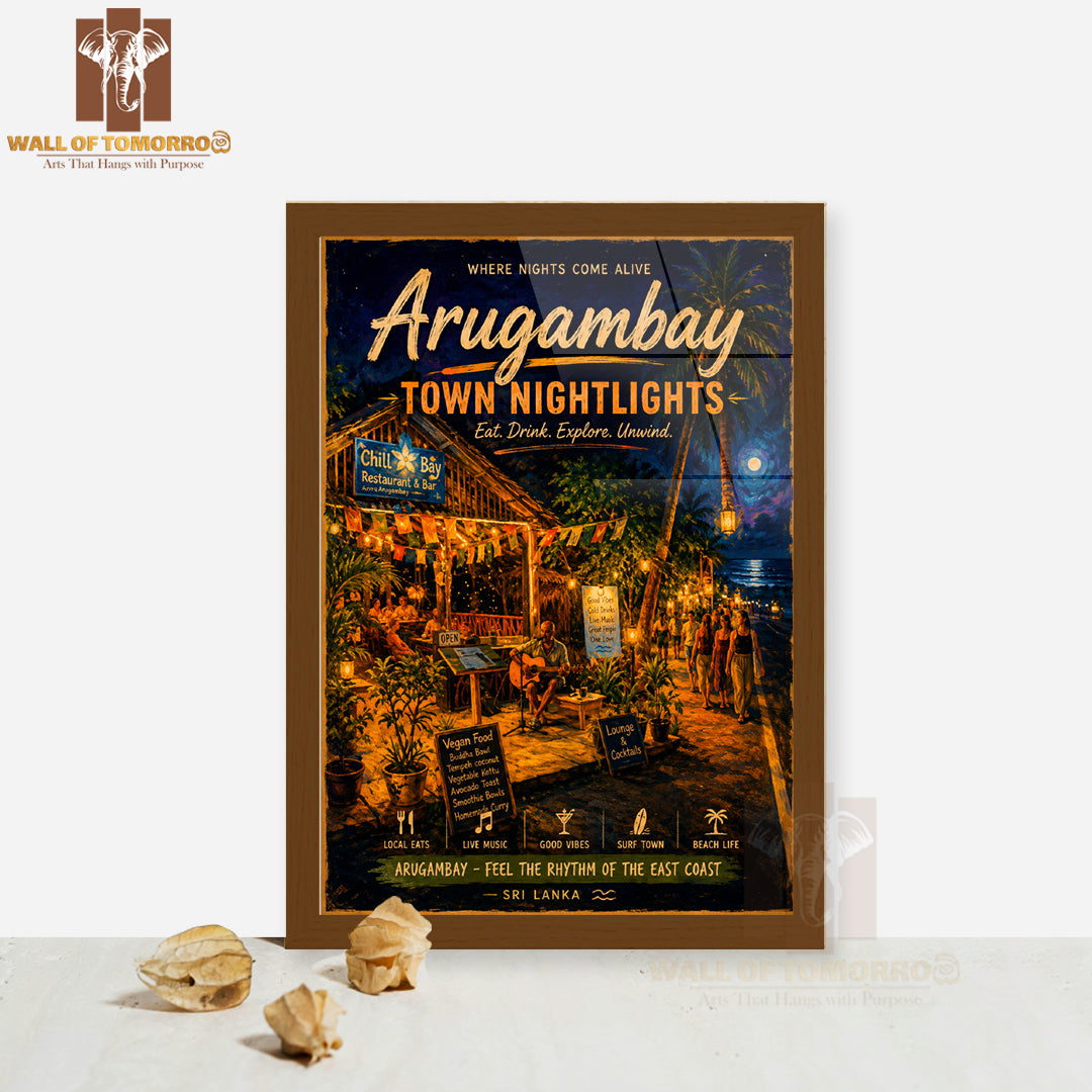 Vibrant Atmosphere of Arugambay Town Nightlights Travel High Quality Glass Frame Wall Décor