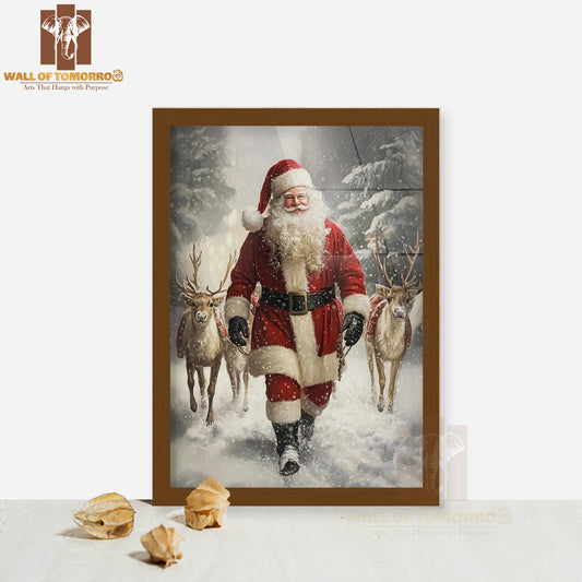 Santa Claus and Reindeer High Quality Glass Frame Wall Décor
