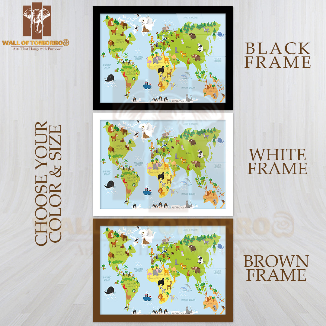 Animal World Map Educational High Quality Glass Frame Wall Décor