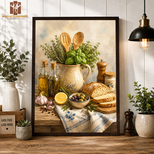Bread & Olive Oil on Table Kitchen & Restaurant High Quality Glass Frame Wall Décors in Sri Lanka