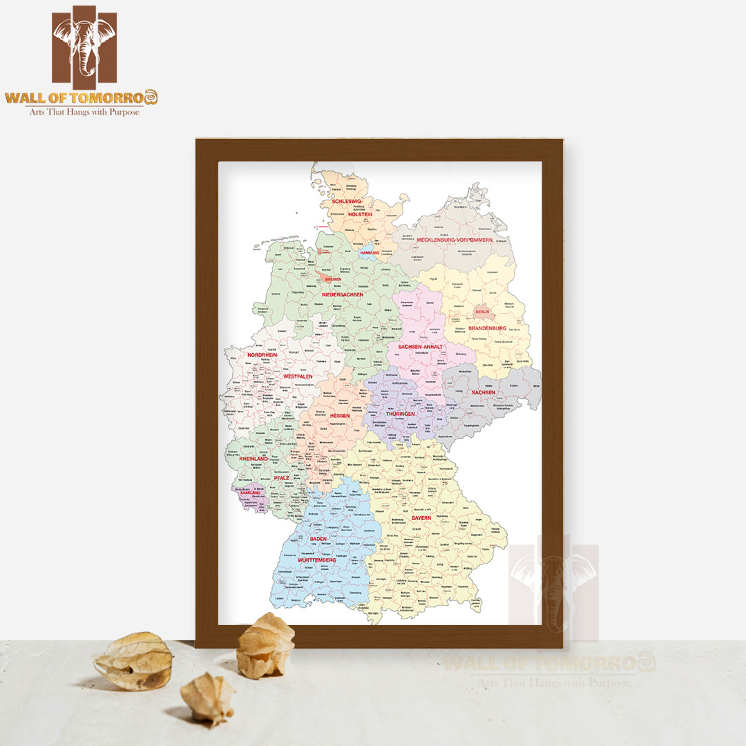 Administrative Map of Germany Educational High Quality Glass Frame Wall Décor